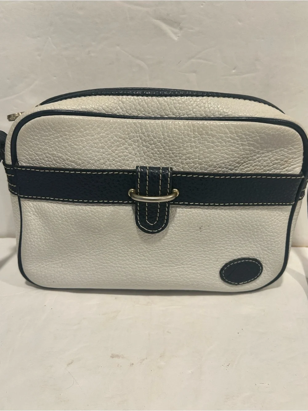 Vintage Liz Claiborne Navy White Pebbled Leather Camera Crossbody Bag Purse 80s